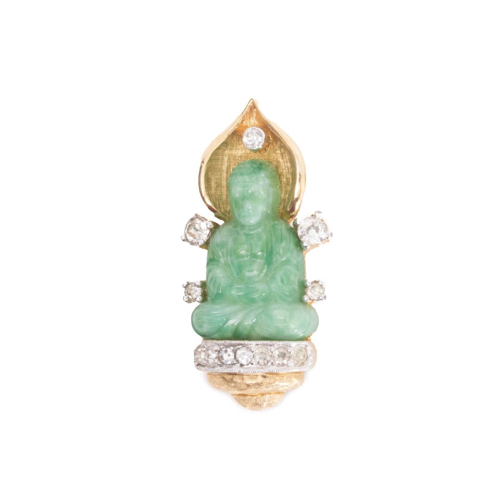 Vintage Jomaz Faux Jade Glass Rhinestone Brooch Pin
